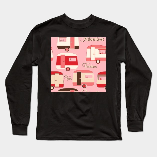 Repeat pattern of vintage caravans in retro colours on pink Long Sleeve T-Shirt by NattyDesigns